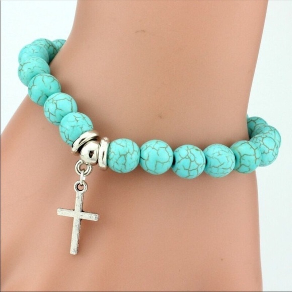 NEW Turquoise Mala Bead Bracelet Silver Cross Pendant - Picture 2 of 4